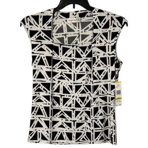 Evan Picone‎ Top Black/White Sleeveless Graphic Print Square Neckline Sz M  NWT